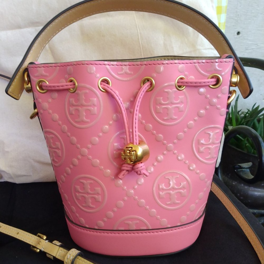 - NWOT Tory Burch Pink Embossed Leather Bucket Bag
